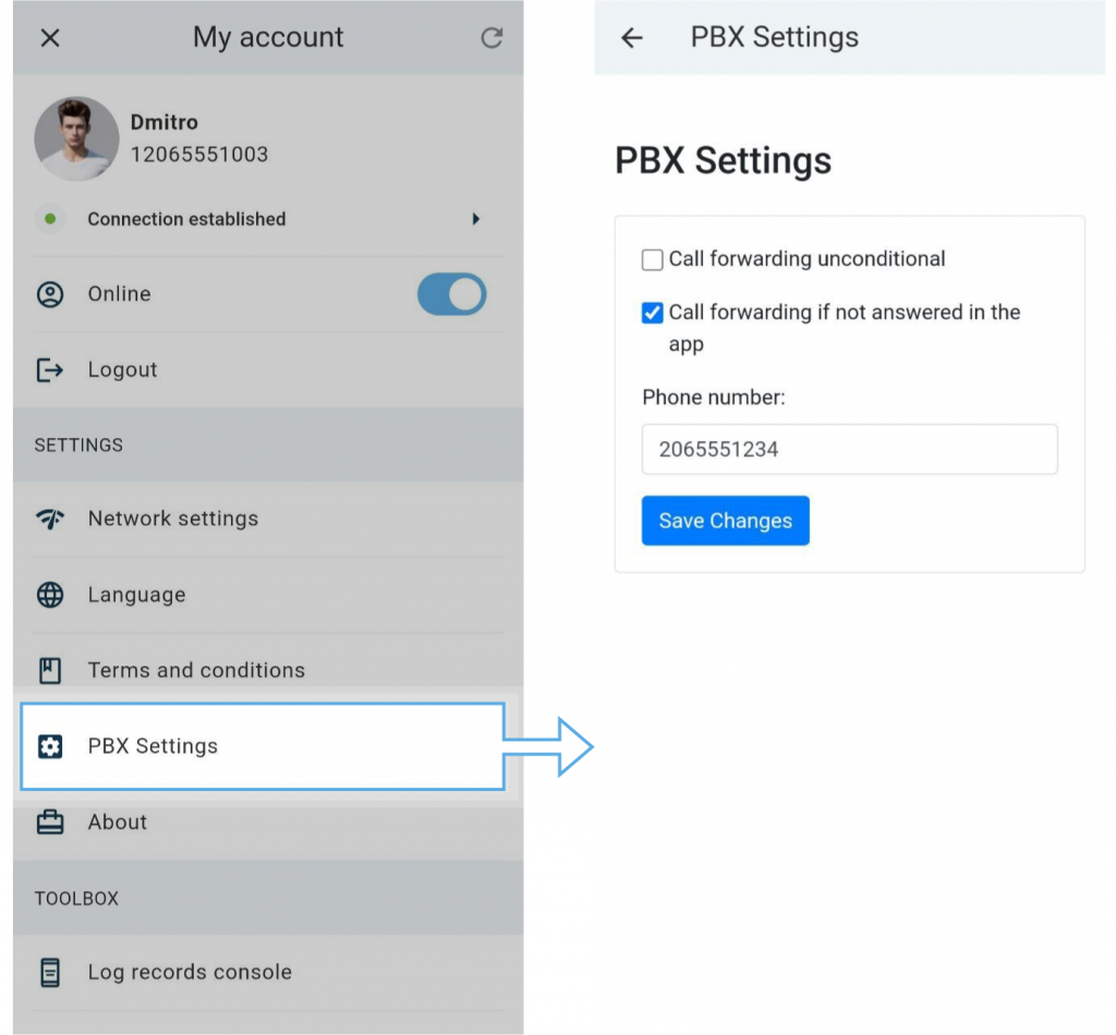 Custom pages. PBX settings